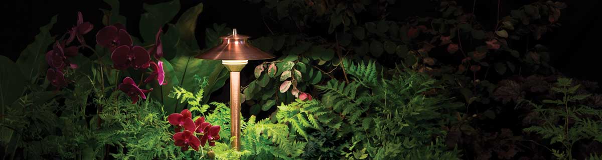 Landscape lighting on a flower bed and garden.