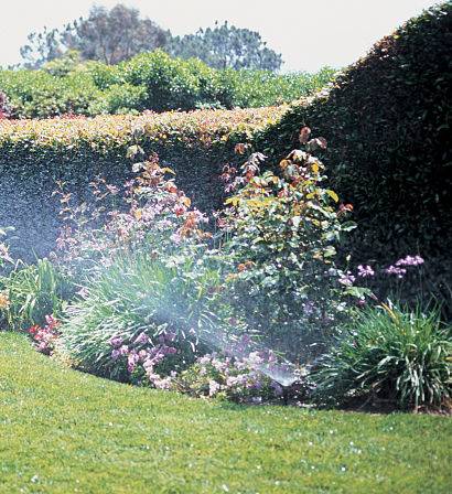 Garden view of how do in-ground sprinklers work.