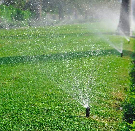 Irrigation specialists set up this residential sprinkler system on a client's property.