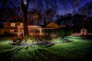 American National Sprinkler & Lighting - automatic lighting system illuminating a landscape bed in a backyard.