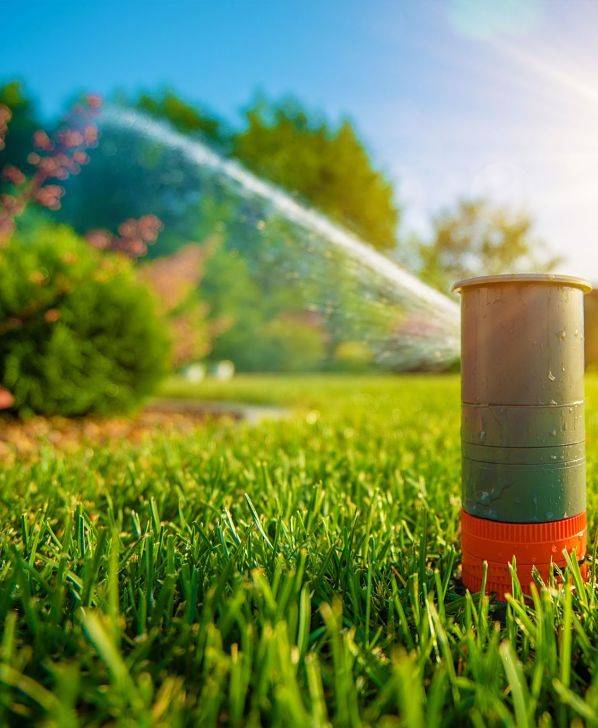 American National Sprinkler & Lighting - a sprinkler head coming out of the grass watering the lawn that is being controlled by a Hydrawise smart controller.
