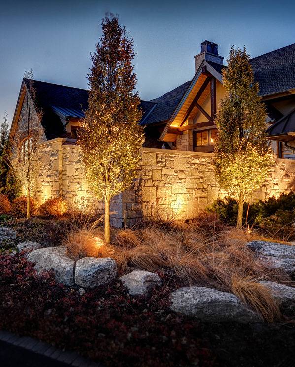 American National Sprinkler & Lighting - Rolling Meadows Landscape Lighting in the front yard landscape to highlight trees.