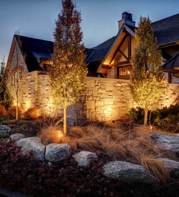 American National Sprinkler & Lighting - Highwood Landscape Lighting is used in the front yard of this home to showcase the trees.