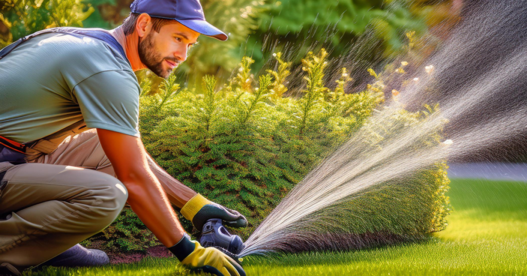 A professional performing a sprinkler system blowout before winter.