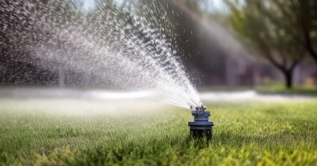 A sprinkler system being blown out in preparation for winter.