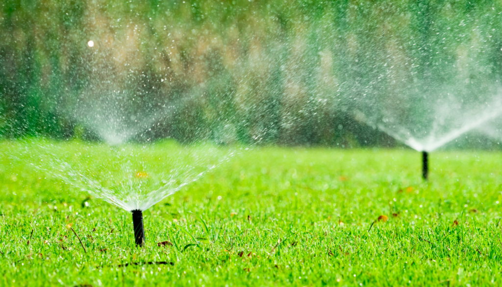 a sprinkler irrigation system watering a lawn