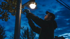 a homeowner performing diy landscape lighting repair